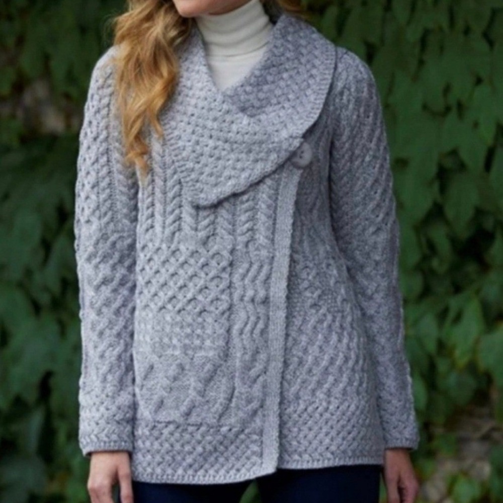 Aran Mor Grey 100% Merino Wool‎ Cable Knit Button Wrap Cardigan Sweater (1231)